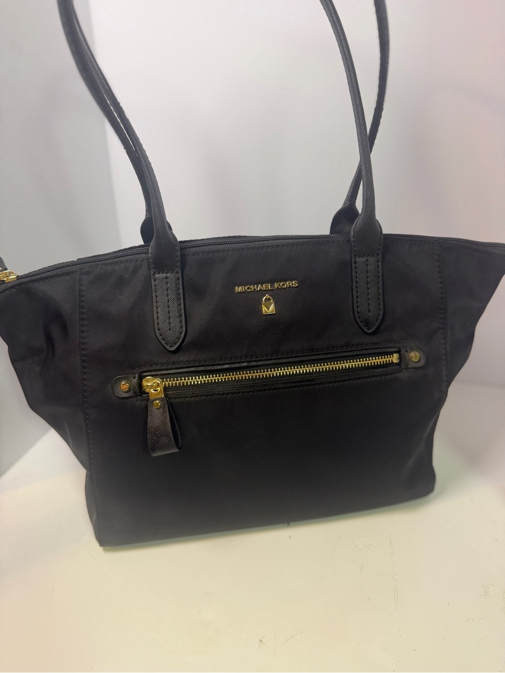 Michael Kors Black Tote with Gold-Tone Zip Accent